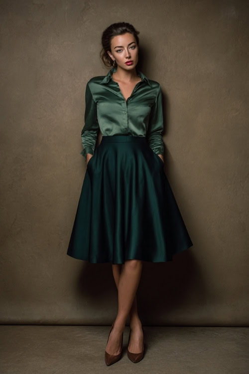 Elegant woman in a dark green A-line skirt with a tucked-in satin blouse and classic pumps, full-body in studio with subtle shadows