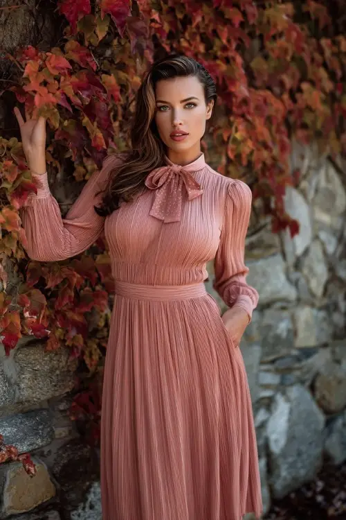 Elegant woman in a dusty rose pleated midi dress with lace long sleeves and tie-neck detail, posing beside a stone wall covered in red and orange ivy 