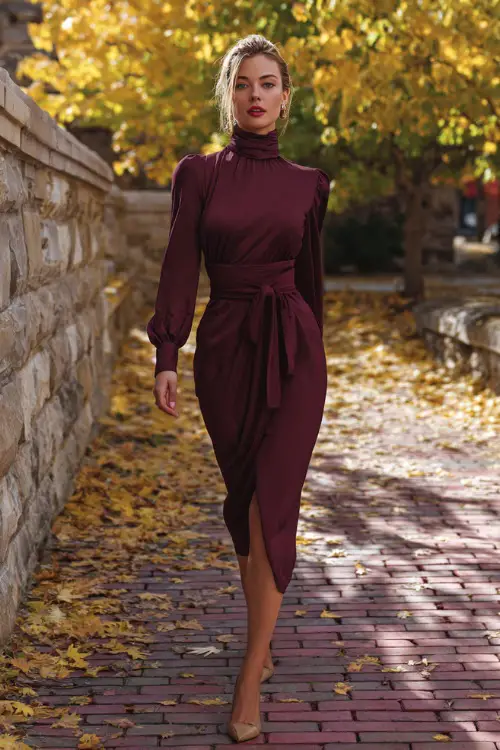 Elegant woman in a high-neck long sleeve maroon dress with satin finish and waist tie, walking along a brick path covered in golden leaves, full body
