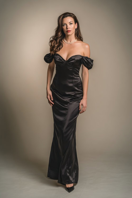 Elegant woman in a long black satin evening gown with subtle puff shoulders, pearl necklace, and pointed heels, standing full-body in a soft-lit studio 