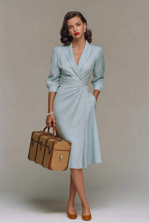 Elegant woman in a pastel blue wrap midi dress with elbow-length sleeves, tan flats, pearl studs, and a small vintage handbag, clean studio background 