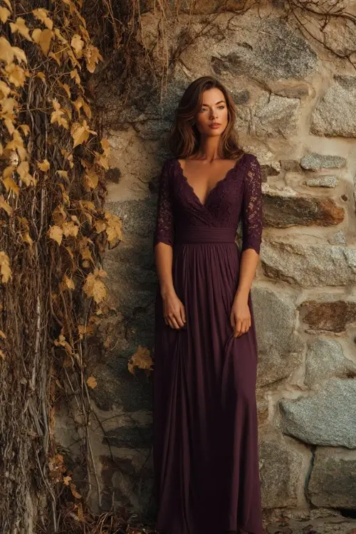 Elegant woman in a plum maxi dress with lace sleeves and scalloped neckline, standing beside a stone wall covered in golden ivy and dried fall vines 