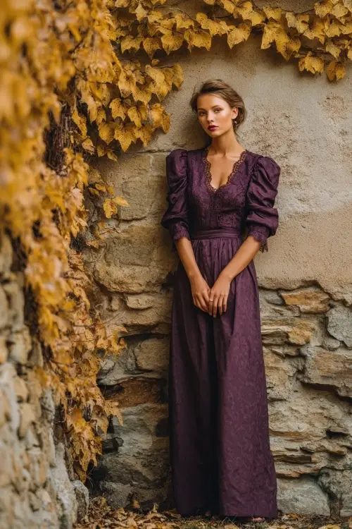 Elegant woman in a plum maxi dress with lace sleeves and scalloped neckline, standing beside a stone wall covered in golden ivy and dried fall vines