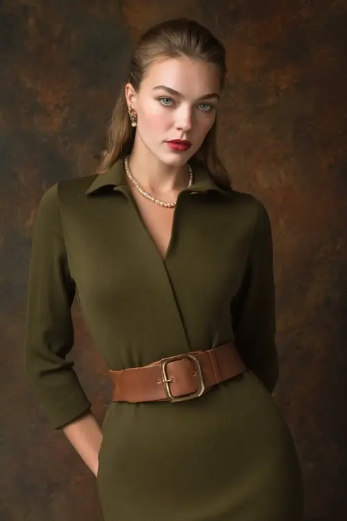 Elegant woman in an olive wool midi dress with long sleeves, styled with a tan belt and pearl earrings, full-body in a fall-themed studio 