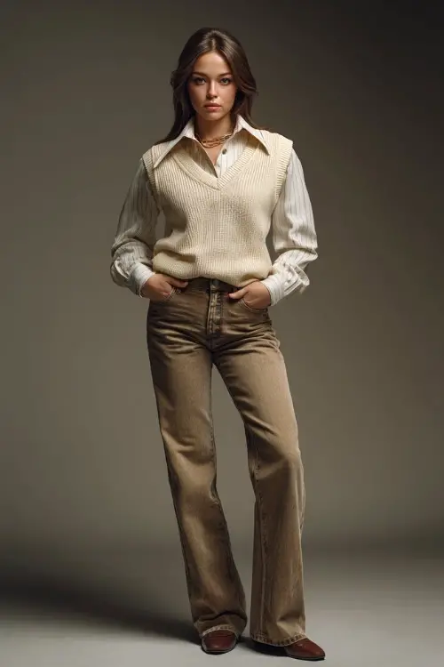 Elegant woman in high-rise straight-leg jeans, a cream sweater vest layered over a collared shirt, and brown flats, simple fall studio 