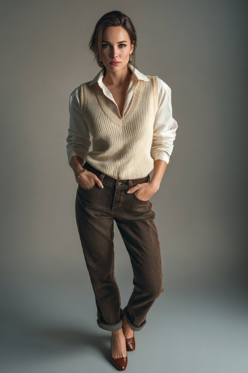 Elegant woman in high-rise straight-leg jeans, a cream sweater vest layered over a collared shirt, and brown flats, simple fall studio