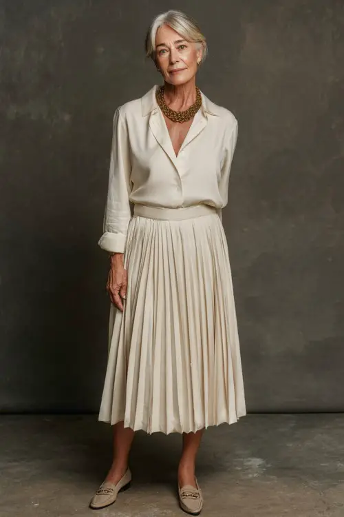 Elegant woman over 50 in a cream pleated midi skirt with a tucked-in ivory blouse, gold chain necklace, and classic loafers, full-body in a minimalist studio background 