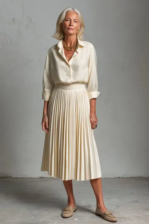 Elegant woman over 50 in a cream pleated midi skirt with a tucked-in ivory blouse, gold chain necklace, and classic loafers, full-body in a minimalist studio background 