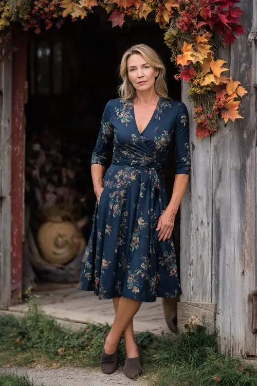 Elegant woman over 50 in a navy blue fit-and-flare midi dress with three-quarter sleeves, posing beside a rustic barn draped in fall florals, full body 
