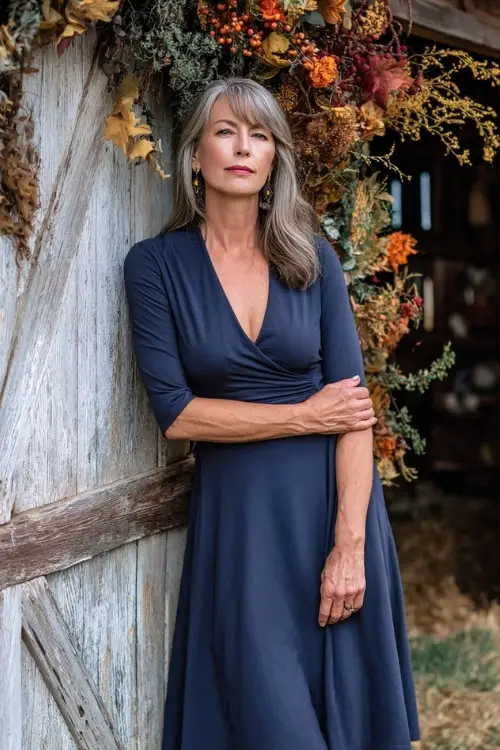 Elegant woman over 50 in a navy blue fit-and-flare midi dress with three-quarter sleeves, posing beside a rustic barn draped in fall florals, full body 