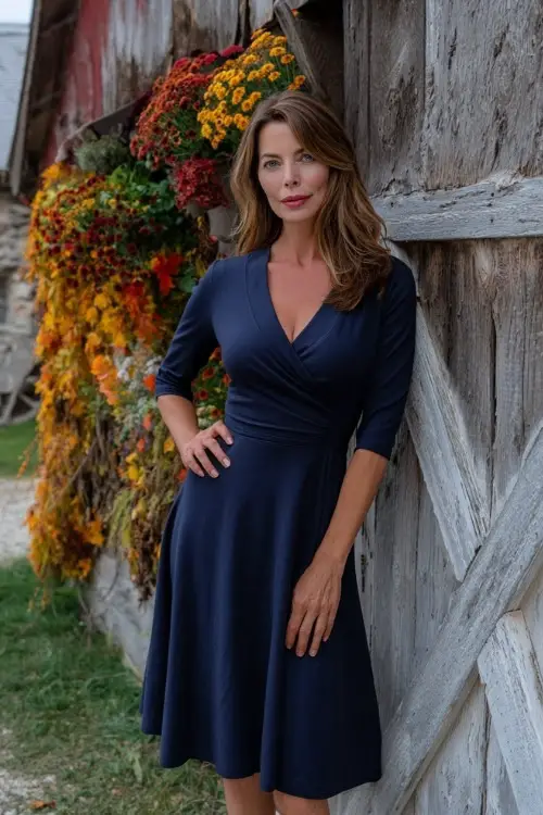 Elegant woman over 50 in a navy blue fit-and-flare midi dress with three-quarter sleeves, posing beside a rustic barn draped in fall florals, full body 