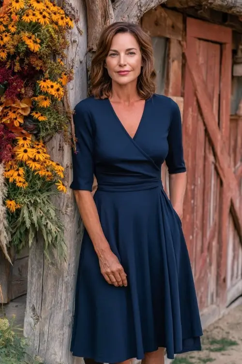 Elegant woman over 50 in a navy blue fit-and-flare midi dress with three-quarter sleeves, posing beside a rustic barn draped in fall florals, full body