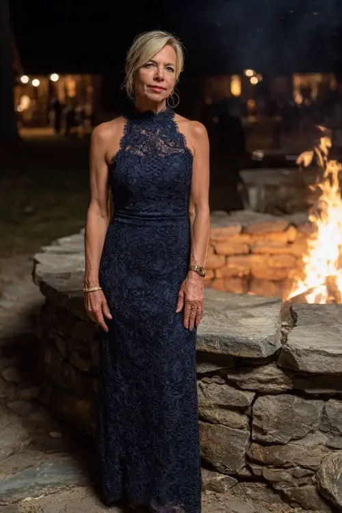 Elegant woman over 50 in a navy lace gown with scalloped edges and high neckline, standing near a glowing outdoor fire pit at a fall wedding reception