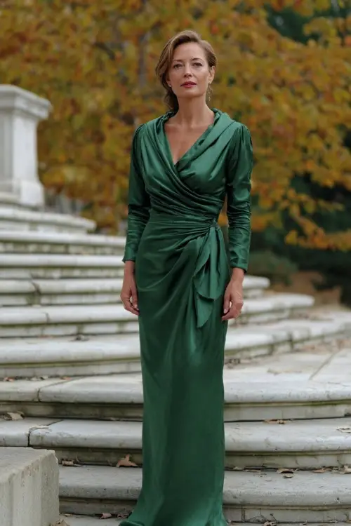 Elegant woman over 50 in an emerald green satin gown with a draped neckline and long train, standing on marble steps with autumn trees in the background