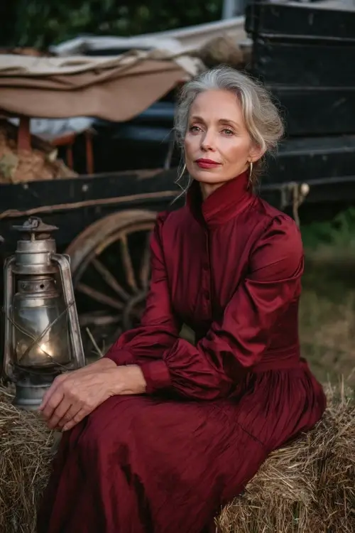 Elegant woman over 50 wearing a deep ruby red midi dress with long sleeves and pleated skirt, posing near a haystack and vintage lantern wedding setup 
