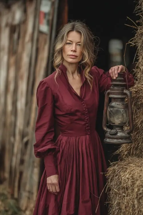 Elegant woman over 50 wearing a deep ruby red midi dress with long sleeves and pleated skirt, posing near a haystack and vintage lantern wedding setup