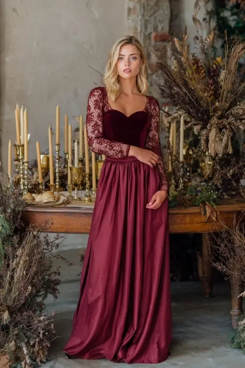Elegant woman wearing a deep rose-colored dress with a velvet bodice, lace long sleeves, and flowing skirt, standing near a decorated November altar with dried branches and golden candles 