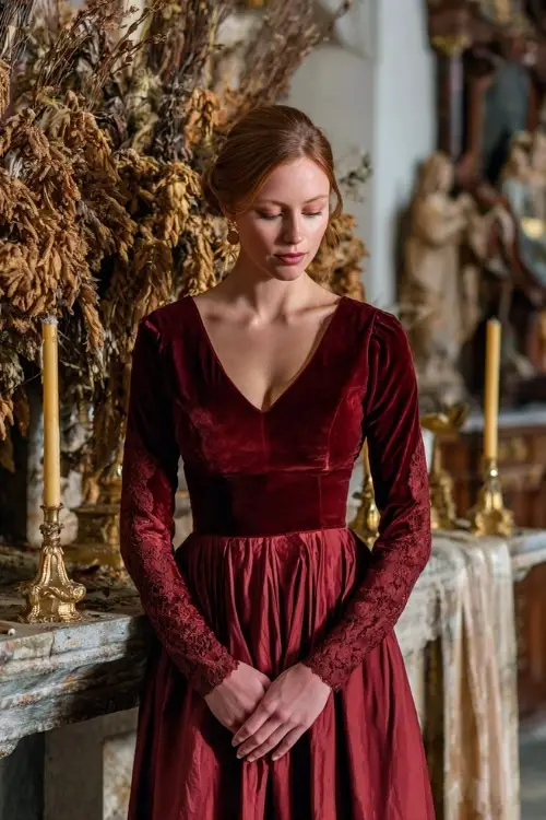 Elegant woman wearing a deep rose-colored dress with a velvet bodice, lace long sleeves, and flowing skirt, standing near a decorated November altar with dried branches and golden candles