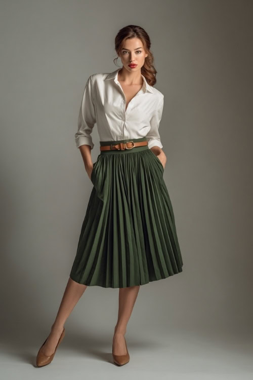 Elegant woman wearing a forest green pleated skirt with a tucked-in white blouse and tan belt, styled with low block heels, neutral studio lighting 