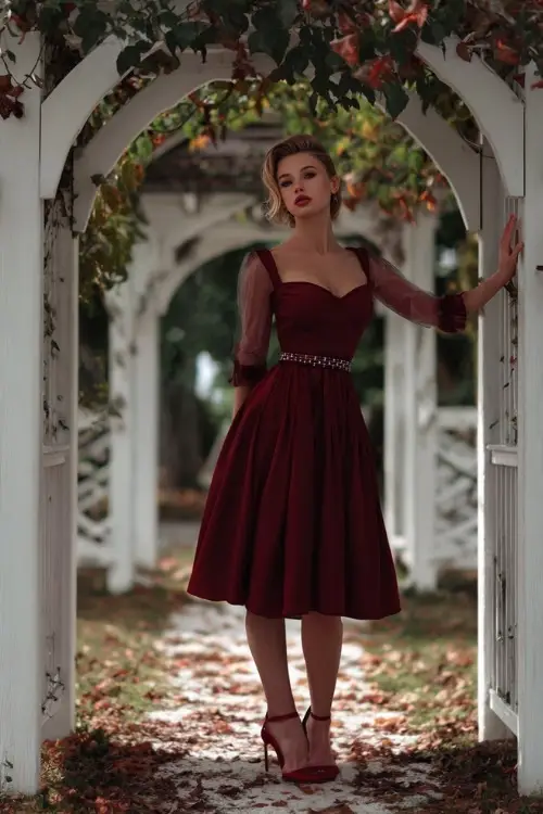 Elegant woman wearing a maroon A-line tea-length dress with sheer long sleeves and a beaded belt, standing beneath a white wedding arch surrounded by fallen leaves 