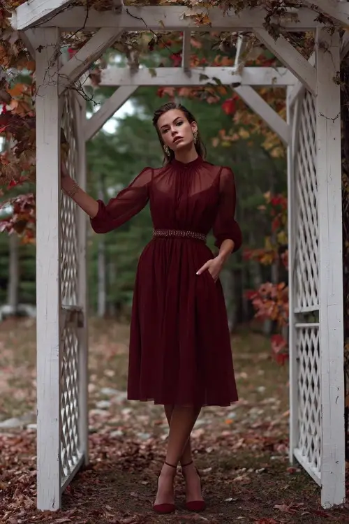 Elegant woman wearing a maroon A-line tea-length dress with sheer long sleeves and a beaded belt, standing beneath a white wedding arch surrounded by fallen leaves 