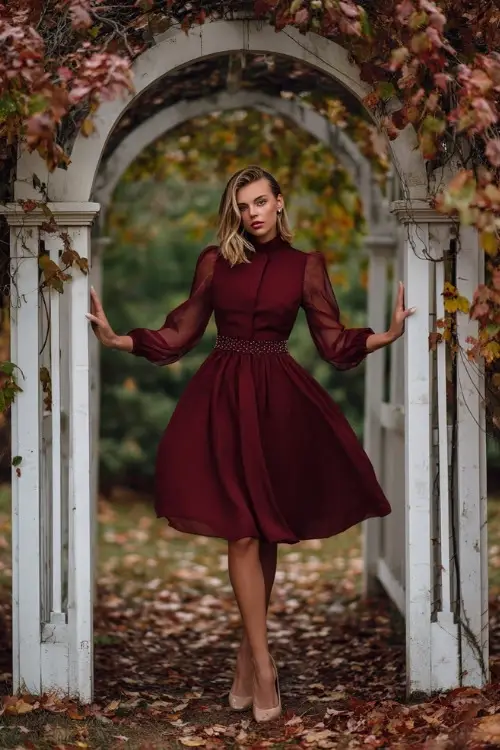 Elegant woman wearing a maroon A-line tea-length dress with sheer long sleeves and a beaded belt, standing beneath a white wedding arch surrounded by fallen leaves
