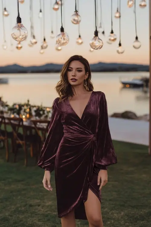 Elegant woman wearing a plum velvet wrap dress with balloon sleeves and a soft high-low hem, posing by a lakefront wedding setup with hanging lights 