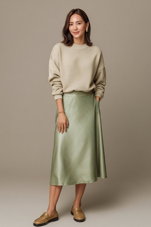 Elegant woman wearing a sage green midi skirt with a light beige pullover tucked in, loafers and subtle gold earrings, posed full-body in clean studio 