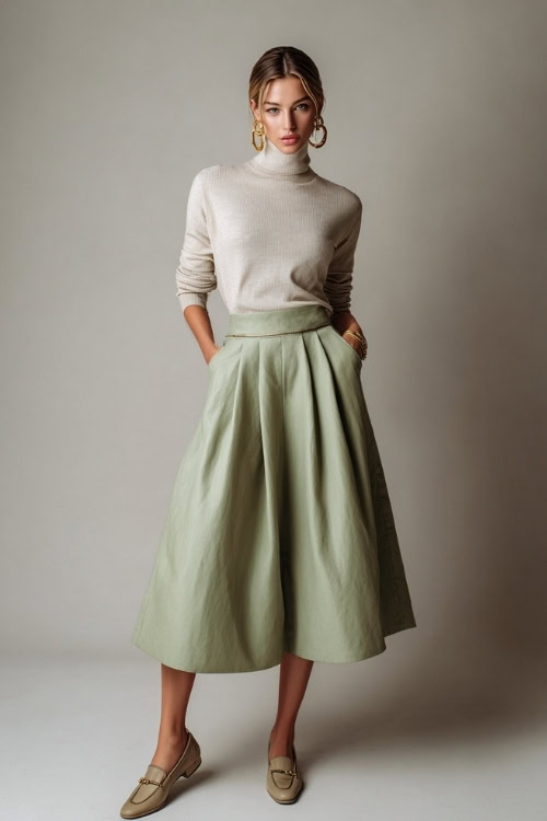 Elegant woman wearing a sage green midi skirt with a light beige pullover tucked in, loafers and subtle gold earrings, posed full-body in clean studio