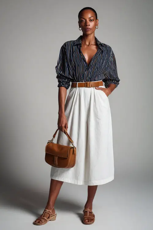 Elegant woman wearing a white cotton midi skirt with a tucked-in navy striped shirt, tan sandals, and a classic shoulder bag, clean light-toned studio setting