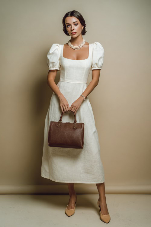 Elegant woman wearing a white linen midi dress with a square neckline, puff sleeves, and tan ballet flats, accessorized with a pearl necklace and structured handbag 