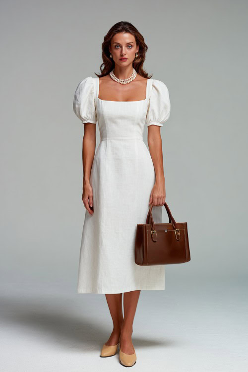 Elegant woman wearing a white linen midi dress with a square neckline, puff sleeves, and tan ballet flats, accessorized with a pearl necklace and structured handbag