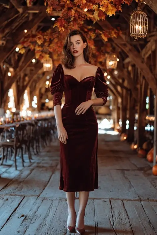 Elegant woman wearing a wine-colored velvet midi dress with sheer sleeves and a sweetheart neckline, standing in a candlelit barn wedding decorated with maple leaves and lanterns