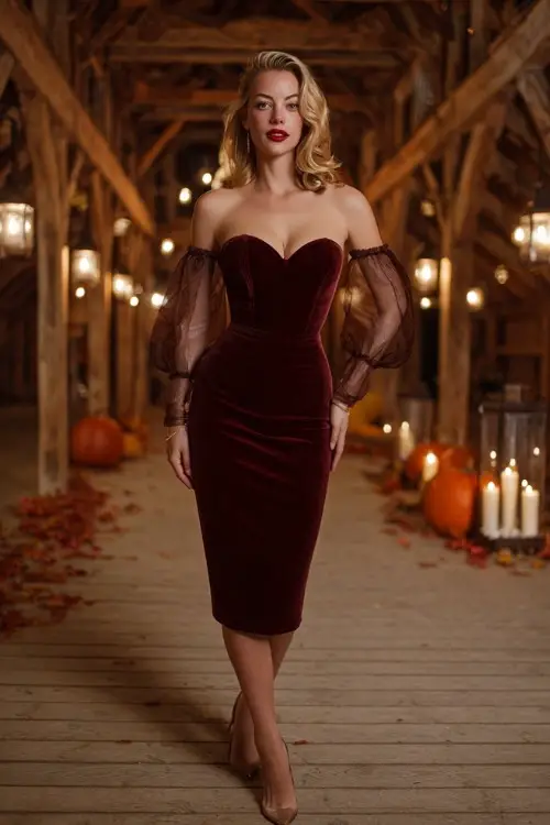 Elegant woman wearing a wine-colored velvet midi dress with sheer sleeves and a sweetheart neckline