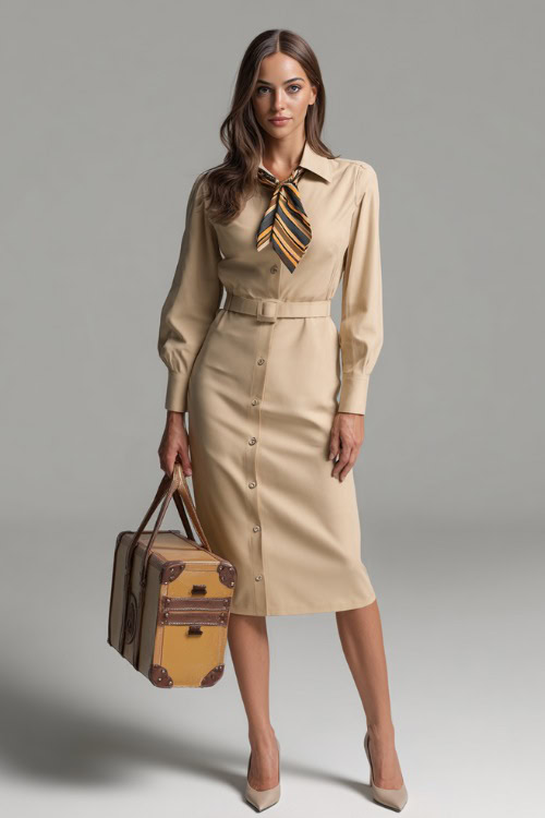 Fashion-forward woman in a light tan midi dress with a button-down front and pointed collar, accessorized with a structured bag and low heels
