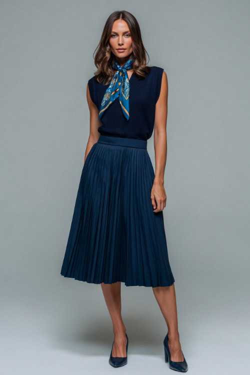 Fashionable woman in a navy blue pleated A-line skirt and sleeveless cashmere cardigan tucked in, paired with slingback heels and silk scarf tied at the neck 