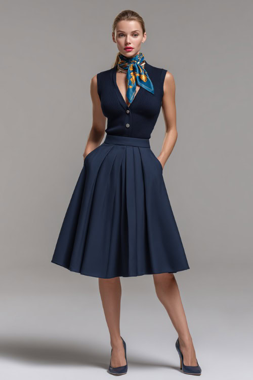 Fashionable woman in a navy blue pleated A-line skirt and sleeveless cashmere cardigan tucked in, paired with slingback heels and silk scarf tied at the neck
