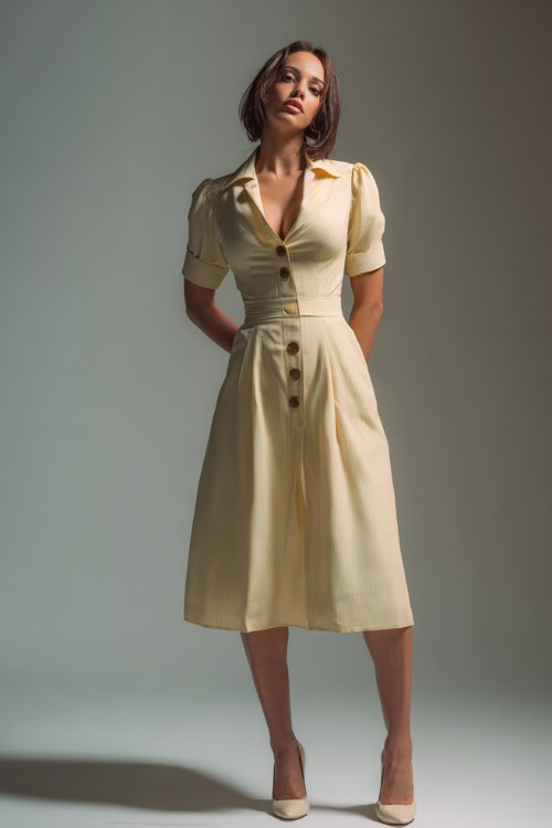 Fashionable woman in a pale yellow tea-length dress with buttons down the front and a structured belt, paired with ivory pumps, in a minimal studio setup