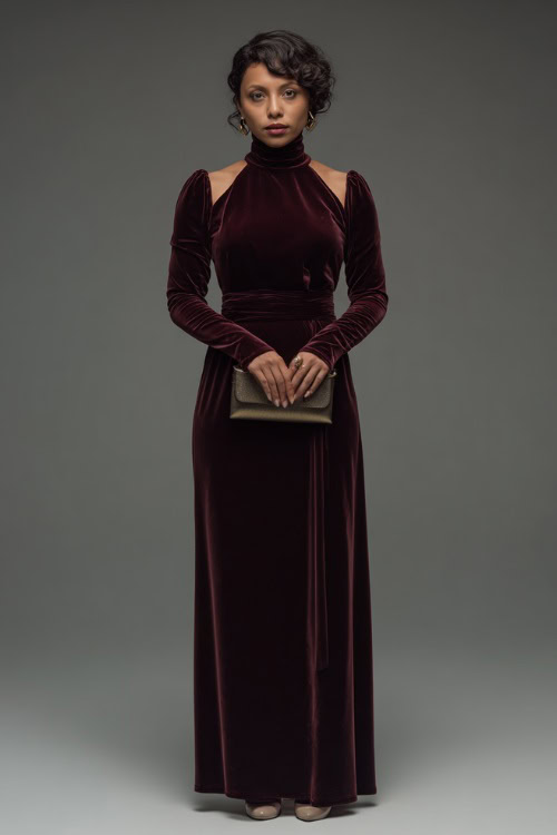 Formal old money outfit featuring a woman in a deep burgundy velvet gown with a high neckline and long sleeves, accessorized with a clutch and classic heels
