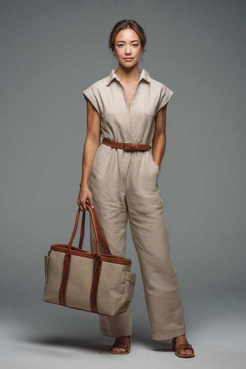 Full-body elegant woman in a linen beige jumpsuit with cap sleeves, cinched waist, brown sandals, and structured tote bag, studio background 