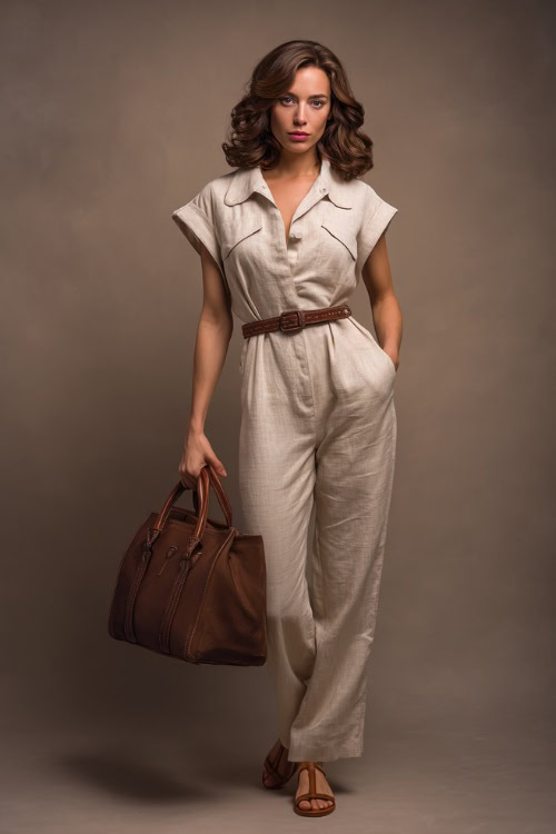 Full-body elegant woman in a linen beige jumpsuit with cap sleeves, cinched waist, brown sandals, and structured tote bag, studio background