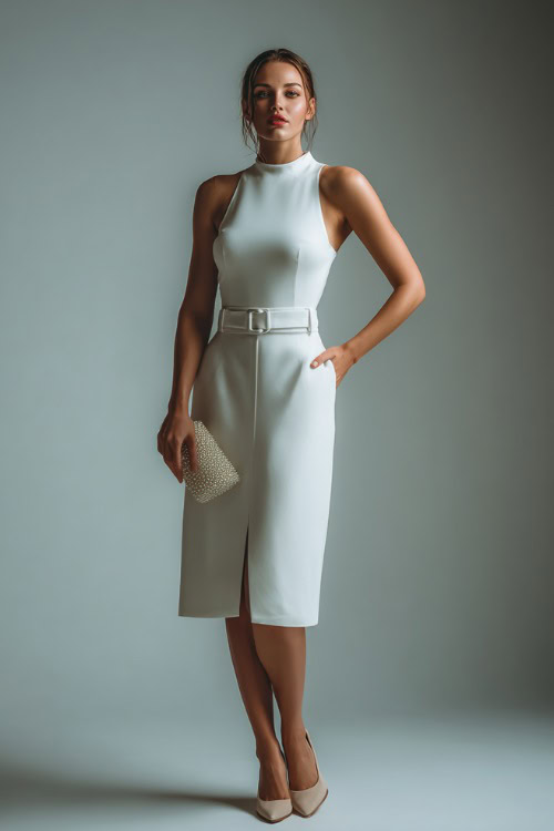 Full-body elegant woman in a white sleeveless midi dress with a modest neckline and ribbon belt, paired with ballet flats and a pearl clutch, minimalist studio background