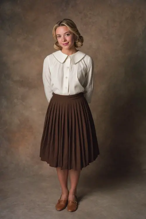 Full-body image of a woman in a chocolate brown pleated skirt and a white cotton blouse with a peter pan collar, tan shoes and pearl studs, studio background