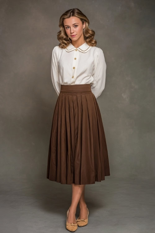 Full-body image of a woman in a chocolate brown pleated skirt and a white cotton blouse with a peter pan collar, tan shoes and pearl studs