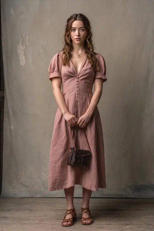 Full-body image of a woman in a dusty rose linen dress with short sleeves and classic sandals, holding a mini crossbody bag, standing in a minimal studio space 