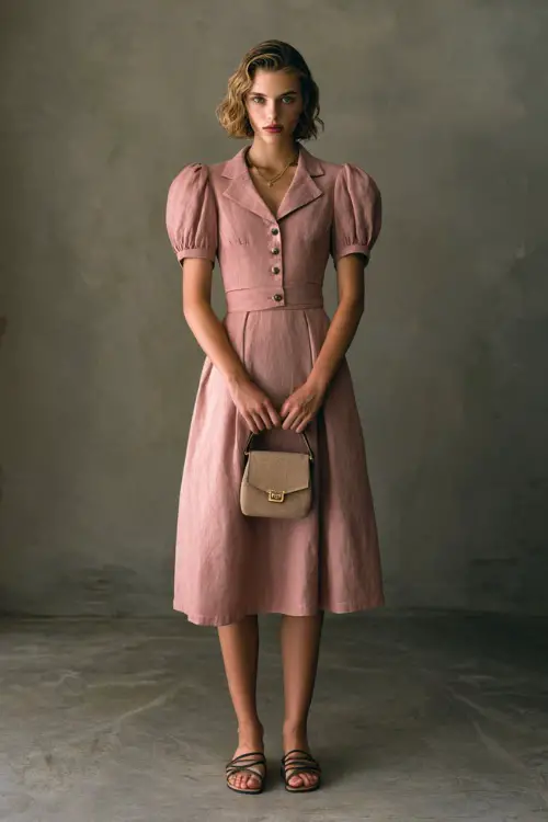 Full-body image of a woman in a dusty rose linen dress with short sleeves and classic sandals, holding a mini crossbody bag, standing in a minimal studio space 