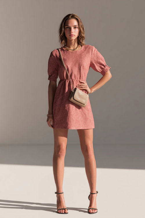 Full-body image of a woman in a dusty rose linen dress with short sleeves and classic sandals, holding a mini crossbody bag, standing in a minimal studio space