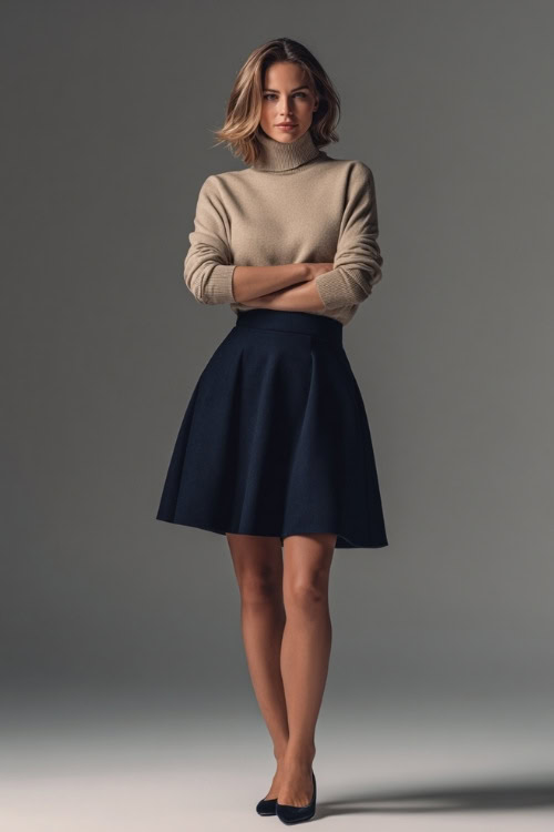 Full-body image of a woman in a navy A-line wool skirt and a tucked-in beige cashmere sweater, accessorized with classic ballet flats, simple studio background 