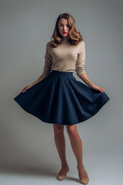 Full-body image of a woman in a navy A-line wool skirt and a tucked-in beige cashmere sweater, accessorized with classic ballet flats, simple studio background 