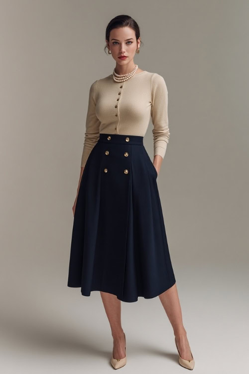 Full-body image of a woman in a navy button-front midi skirt with a tan knit top, ballet flats, and pearl accessories, neutral backdrop 